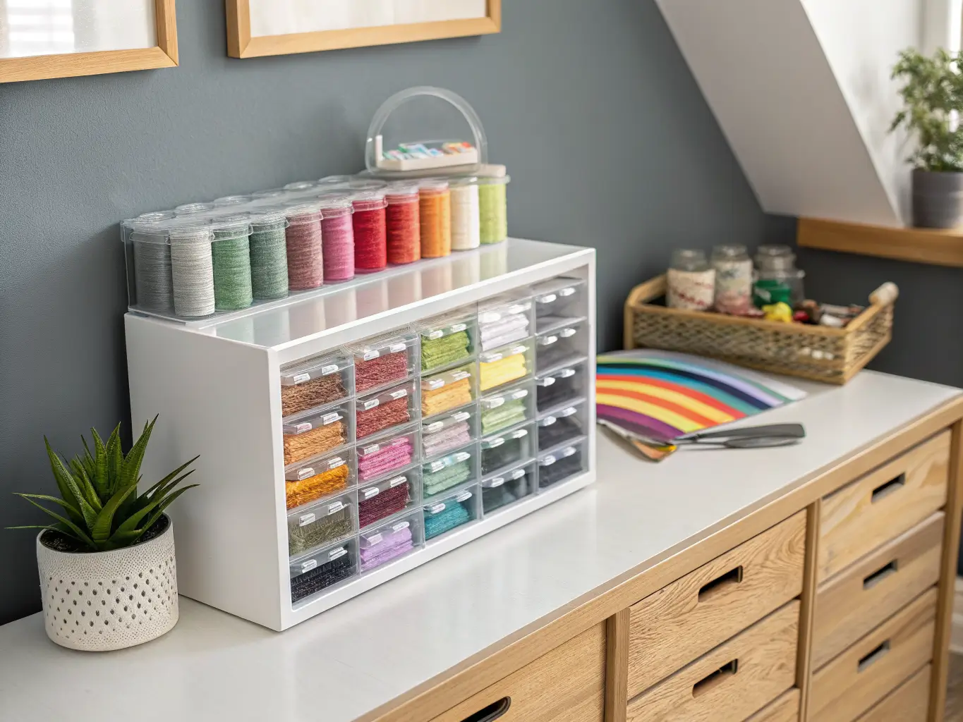 Clear acrylic drawers of embroidery floss sorted in a rainbow gradient on a white shelf beside labeled glass jars, with a small succulent in soft midday light.