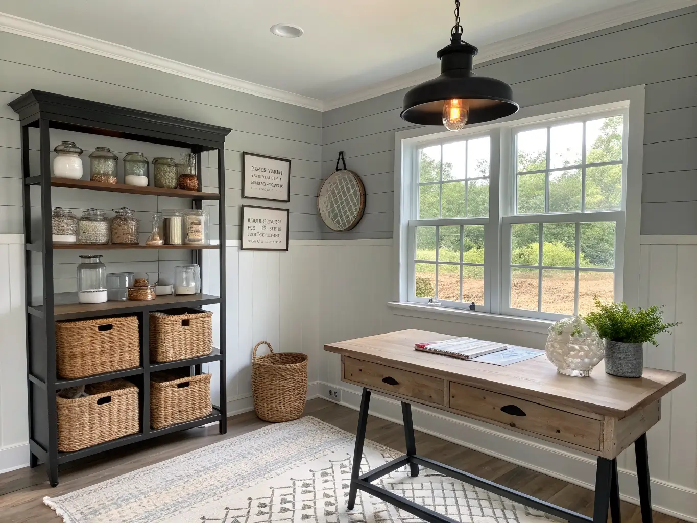 Wide photorealistic modern farmhouse craft room with dove-gray walls, white shiplap accent wall, black cubby storage of labeled glass jars, central wooden worktable under a window, black wire pendant light, morning light, rattan basket of fabric scraps, dried wheat vase, and cream rug with subtle black stripes.