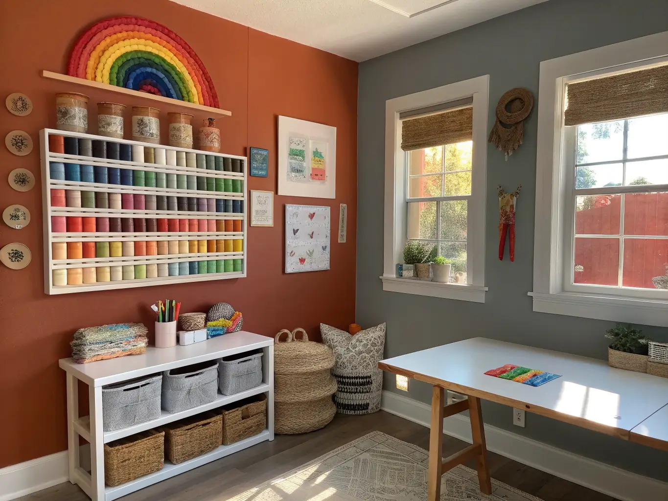 Photorealistic eclectic craft room with dove-gray walls and terracotta accent wall, rainbow-organized shelves of paint and yarn, white worktable with scissors and paper craft, sunlit window, and gallery wall above a rattan bench.