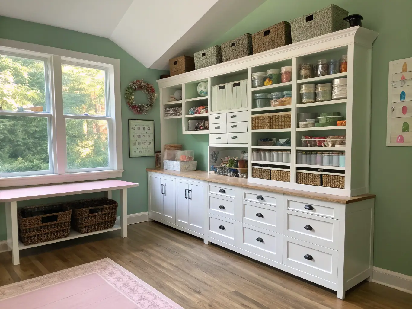 Wide-angle view of a sunlit craft studio with sage-green walls, floor-to-ceiling white shelving of labeled bins and jars, and a large worktable on filing cabinets beside a window.