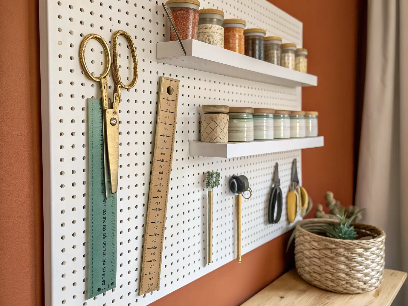 Close-up of a warm white pegboard on a terracotta wall with brass hooks holding scissors and rulers, a floating shelf of ribbon jars below, lit by soft golden-hour light.