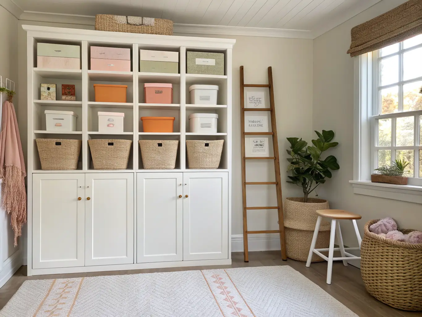 Craft room storage wall with open white shelves holding labeled paper bins above matte white cabinets, softly lit by daylight, with a stool draped in a quilt and a small potted plant.