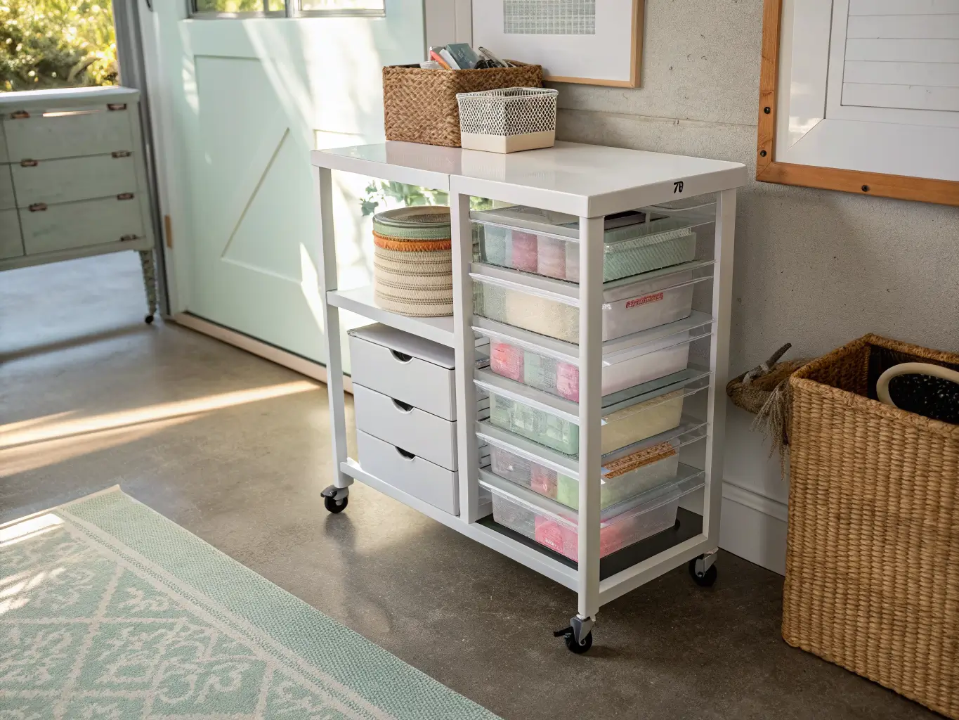 Clear three-drawer rolling craft cart beside a craft table, drawers slightly open showing organized embroidery thread and washi tape in soft sage, blush, and cream tones in afternoon window light.