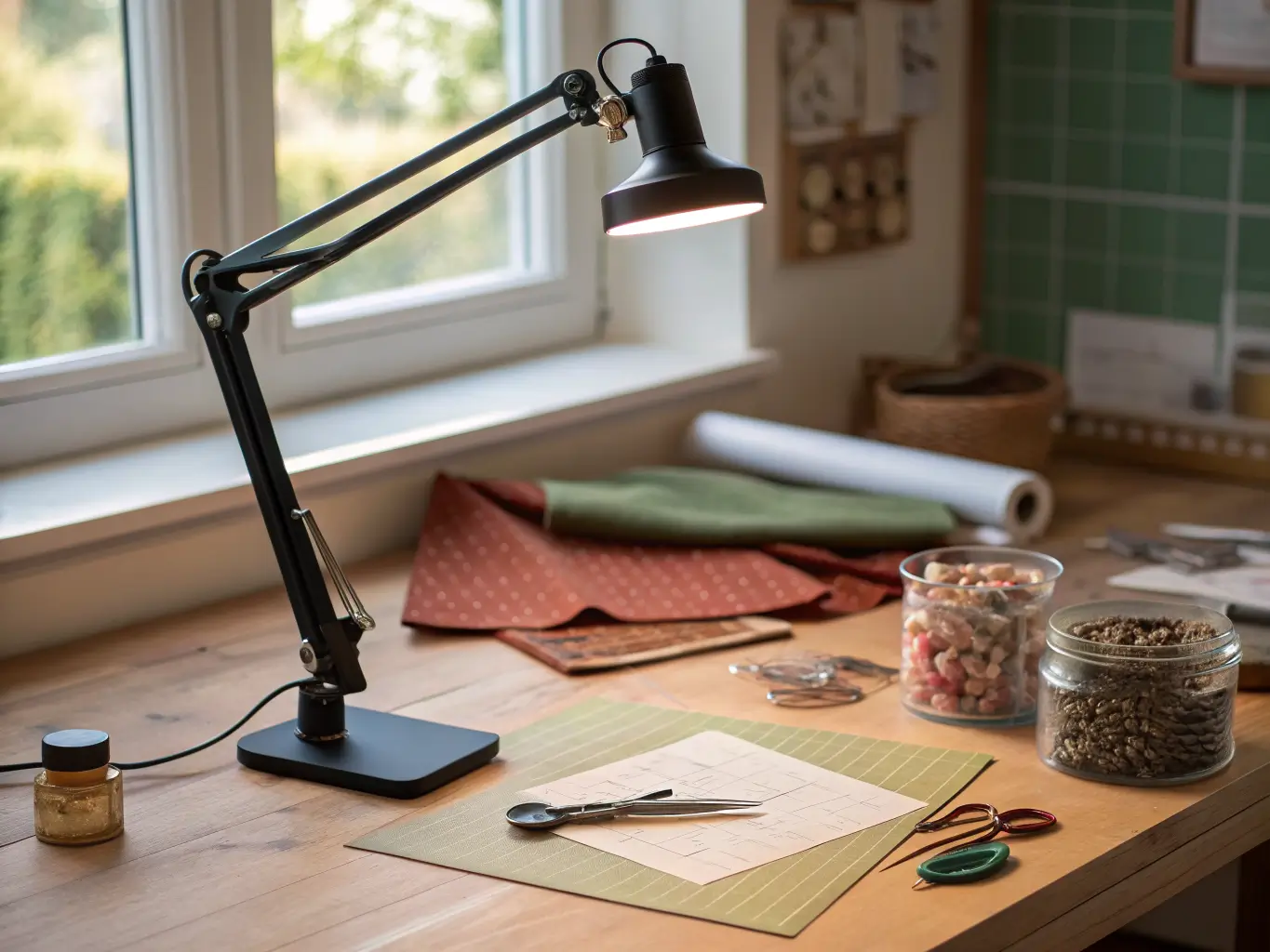 Matte black desk lamp with daylight LED illuminating terracotta, sage, and cream fabric swatches on a pale wood craft table, with scissors and sewing tools softly blurred nearby.