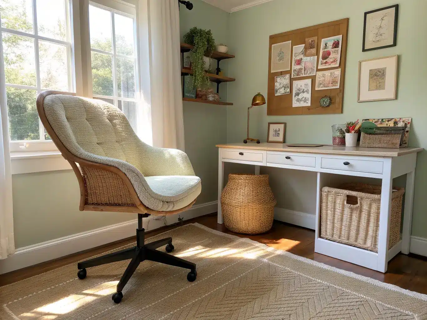 Cream swivel chair with cane back at a hollow-door craft table in a sage-walled nook, sunlit jute rug, with framed fabric swatches and a cork board nearby.