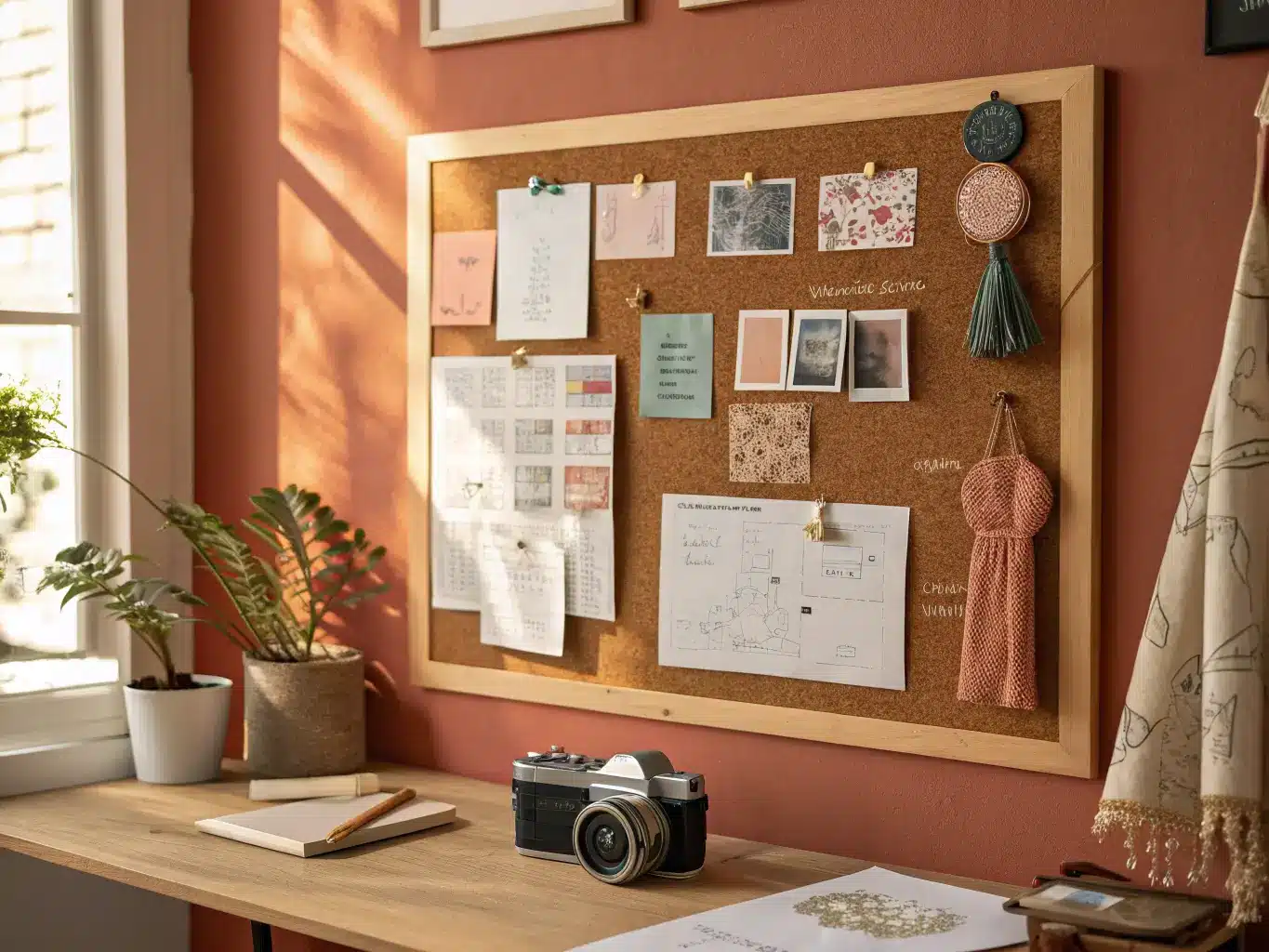 Close-up of a craft room inspiration wall with cork board and chalkboard on terracotta, holding fabric swatches, sketches, and embroidery in sage and blush, lit by late-afternoon sun.