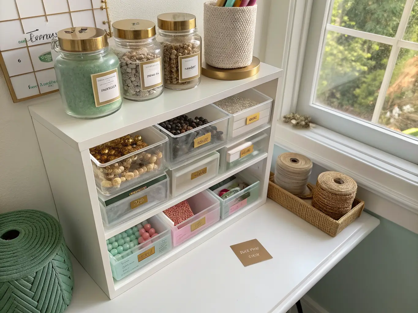 Overhead 45-degree photo of labeled glass jars and clear bins holding buttons, beads, and washi tape on a white shelf above a craft table in soft morning light.