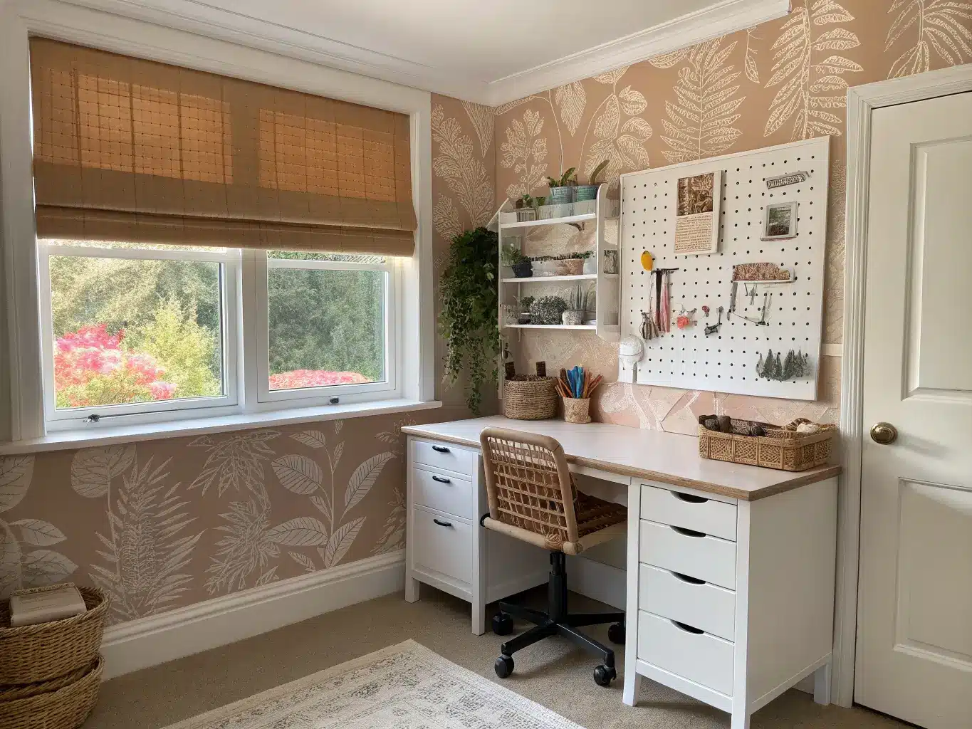 Cozy bedroom craft nook with desk under window, pegboard tools, rolling cart, terracotta botanical wallpaper, jute rug, and trailing plant in warm afternoon light.