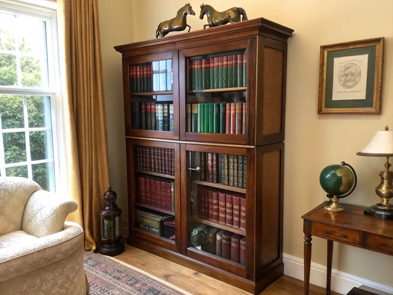 Straight-on photorealistic view of a barrister bookcase with glass stacking doors, leather-bound books, brass horse bookends, and an antique globe lit by soft morning window light.