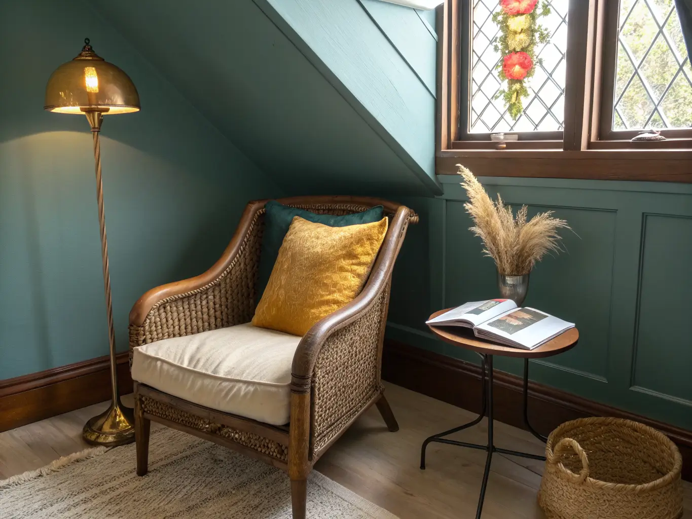 Cane-backed Bergère chair in a sunlit attic nook under a sloped ceiling, with an open leather-bound book, stained-glass lamp on a round side table, deep teal wall, exposed beam, and pampas grass basket.