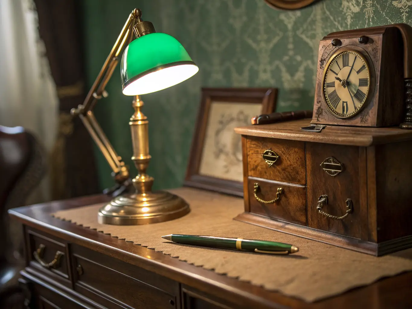 Close-up of an antique walnut desk corner with a glowing green-shaded brass banker’s lamp, leather-cased clock, and fountain pen on a worn leather blotter, in warm moody light.