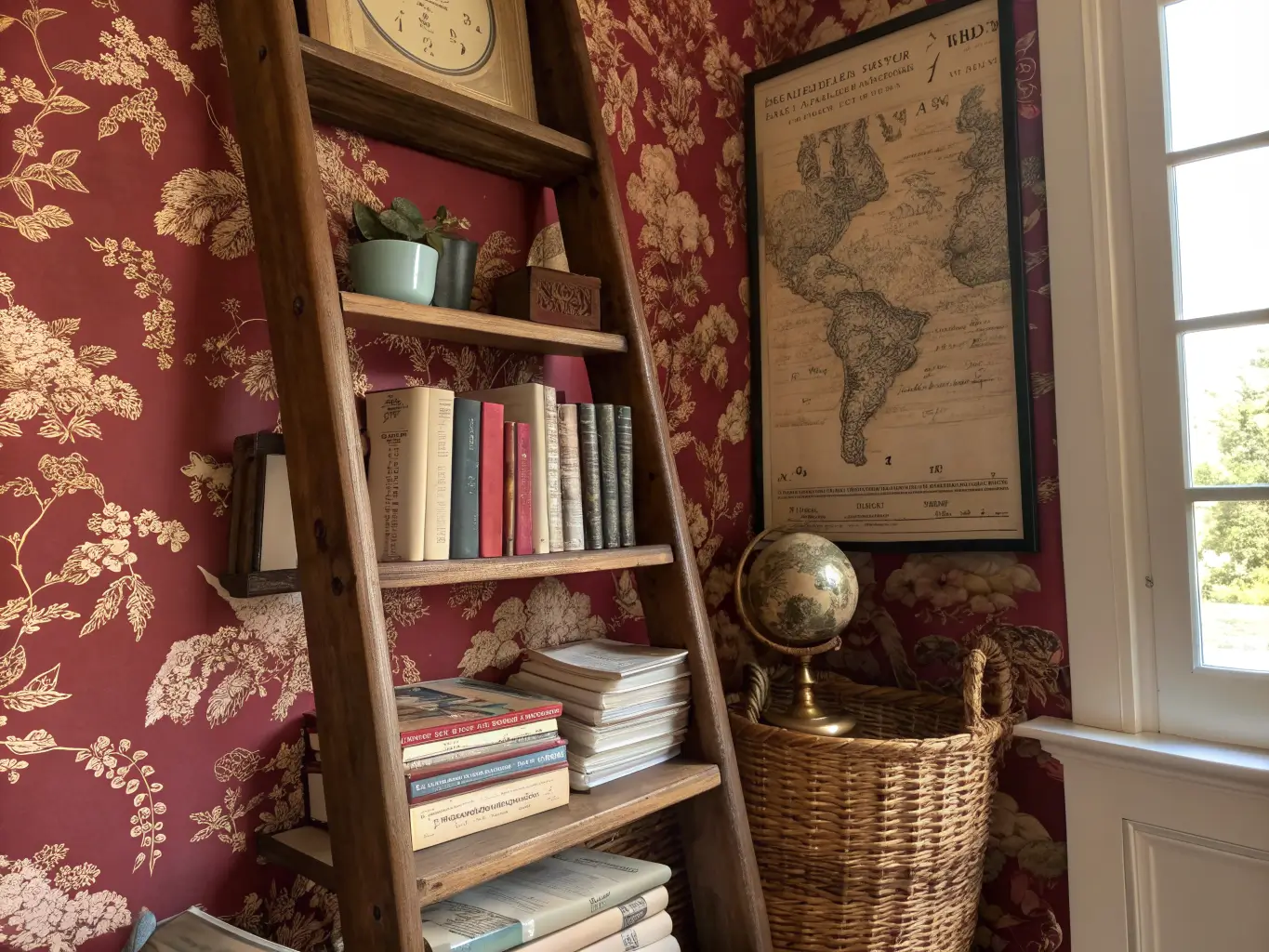 Vintage study wall with burgundy toile wallpaper behind a wooden ladder shelf of mismatched books, marble bookend, jute basket of rolled papers, and a slightly askew brass-framed antique map in warm afternoon light.