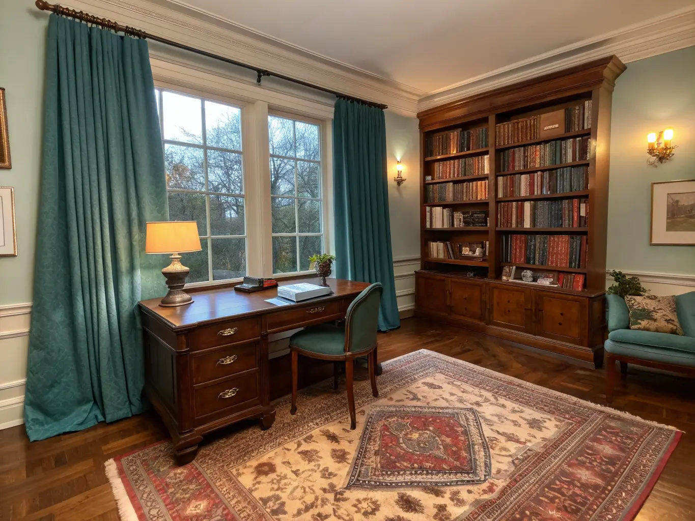 Wide-angle view from doorway of a vintage study with mahogany desk by a curtained teal window, Persian rug, brass floor lamp, and bookshelves in warm evening light.