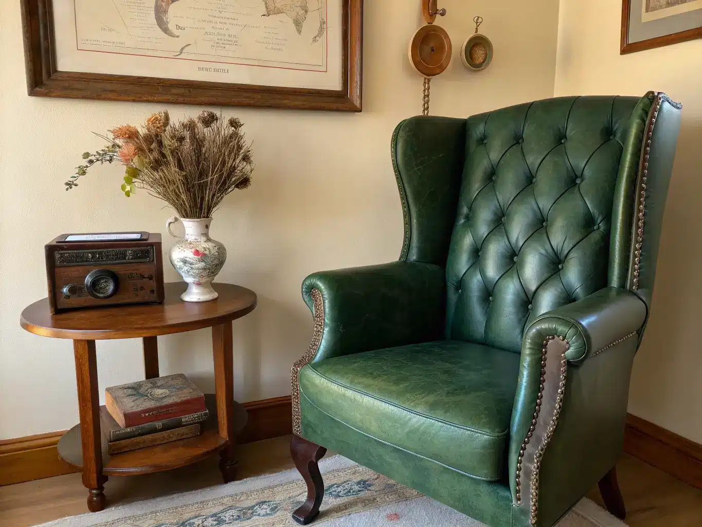 Forest-green upholstered wingback chair beside a round wooden table with a vintage radio and dried flowers, lit by warm late-afternoon window light against a cream wall with a partial antique map.