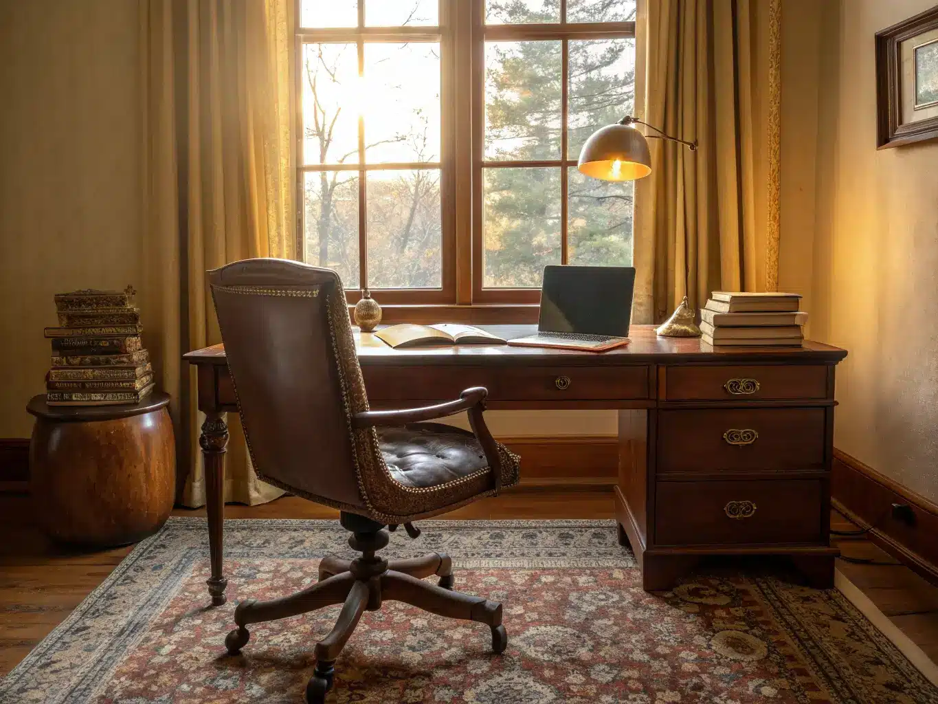 View from behind a leather chair toward a mahogany desk by a window, with an open laptop beside a glowing brass banker’s lamp, leather journals, and a marble bookend in warm morning light.