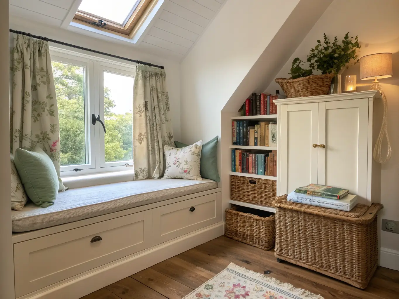 Cottage-style dormer bedroom nook with café-curtained window, floral cushioned storage bench, wicker basket, white bookcases, brass sconce, and warm morning light.