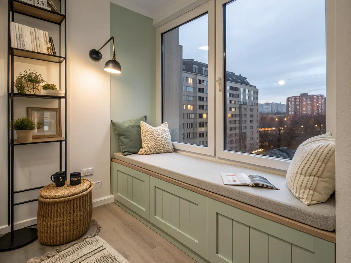 Modern Scandinavian reading nook with pale sage built-in bench, cream boucle cushion, black wall sconce glow at dusk, oak shelf with mug and plant by a tall window with half-drawn woven shade.