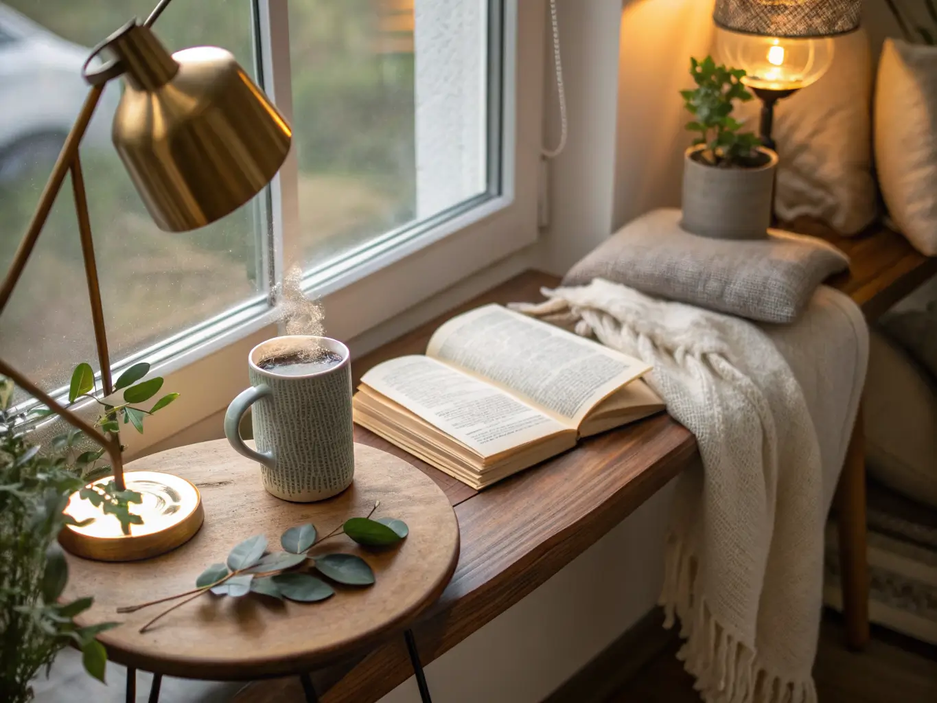 Close-up of a round wooden side table by a linen bench with a steaming mug, open book, brass lamp, and small eucalyptus plant in warm evening light.