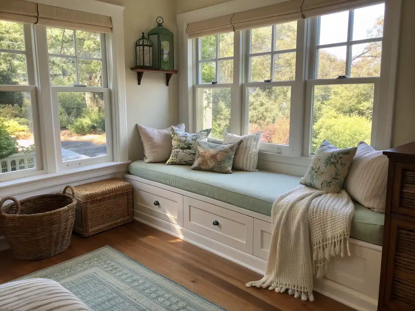 Sunlit living room bay-window daybed nook with cream linen cushion, sage paneling, woven shades, neutral pillows, knit throw, wicker basket, and brass floor lamp.
