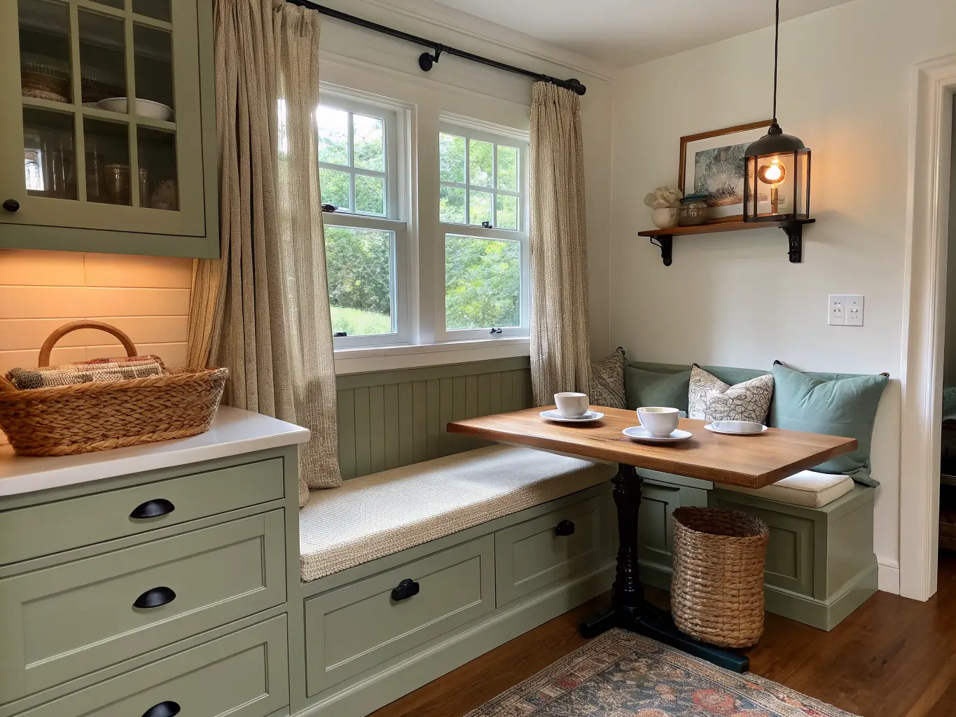 Photorealistic farmhouse-modern kitchen window nook with sage-green cabinetry, cream-cushioned bench, oak table, linen café curtains, black hardware, and teapot in soft afternoon light.