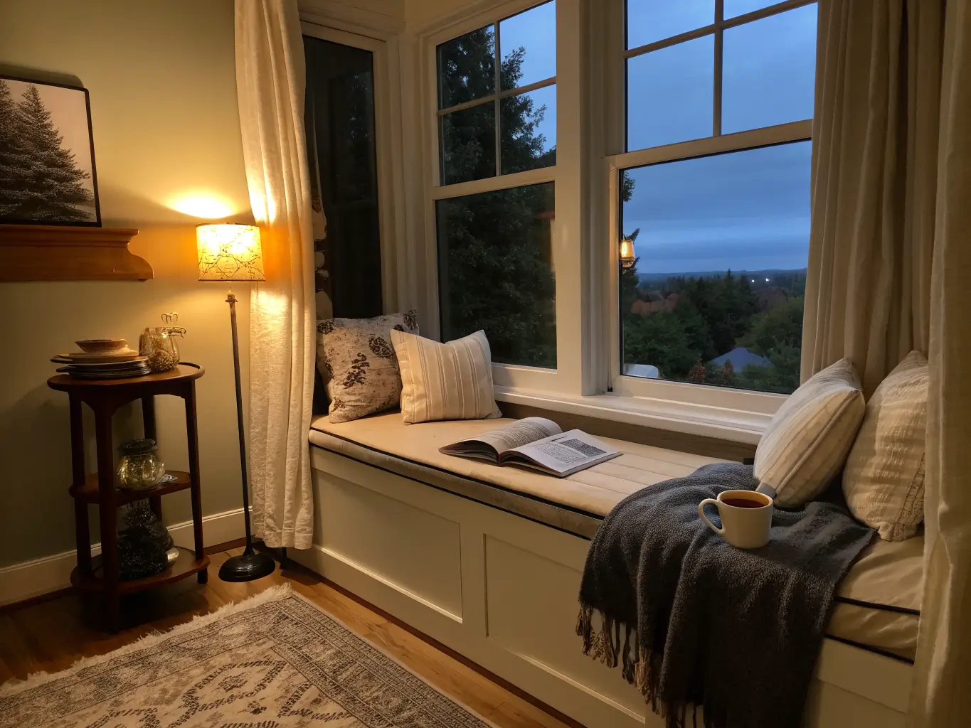 Photorealistic nighttime window reading nook with warm sconce light over a linen bench, cream pillows, wool throw, and oak side table with a mug and open book against a dark sky.