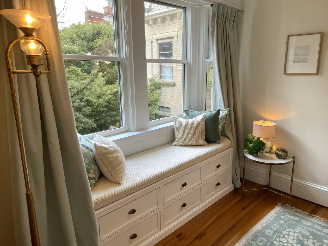 Diagonal view of a narrow apartment window nook with a warm white repurposed dresser bench, cream cushion and linen cover, cream and sage pillows, cotton throw, brass clip-on lamp, sheer curtain, and a small potted plant in soft daylight.