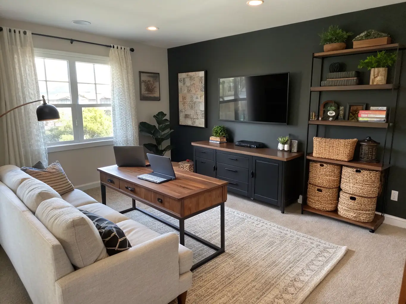 Wide-angle view of a cozy greige home office and TV room with walnut desk on the left, wall-mounted TV on a charcoal accent wall, ivory boucle loveseat on a taupe jute rug, snake plant in the corner, and warm oak floors lit by soft window light and a brass floor lamp.