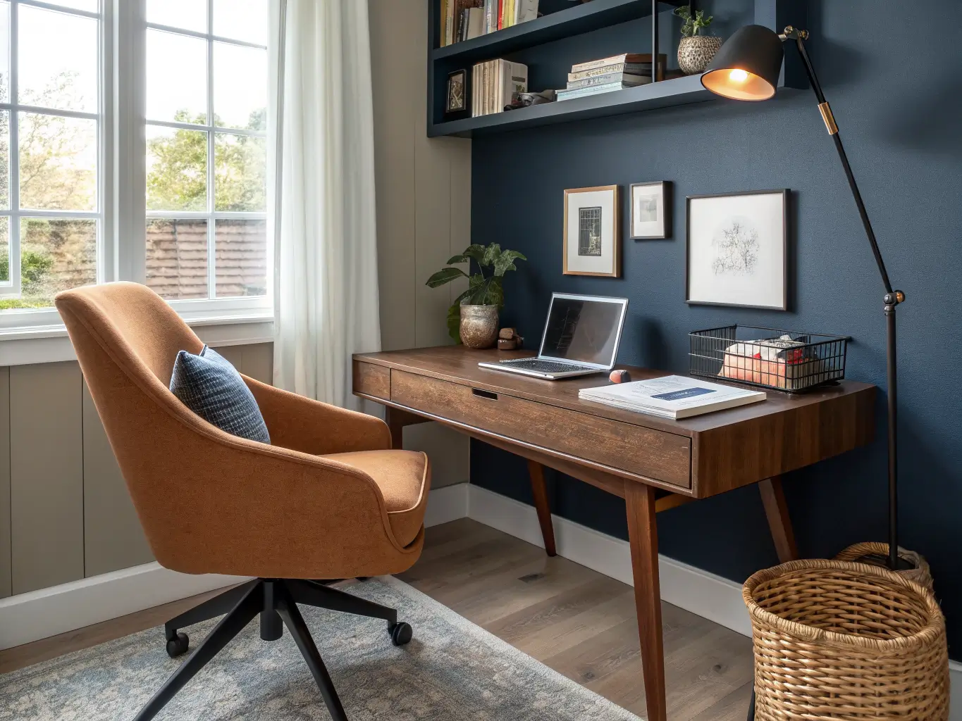 Photorealistic home office nook in a living room with a walnut desk against a navy accent wall, black task lamp, closed laptop, taupe swivel chair, floating shelf decor, and golden-hour side light.