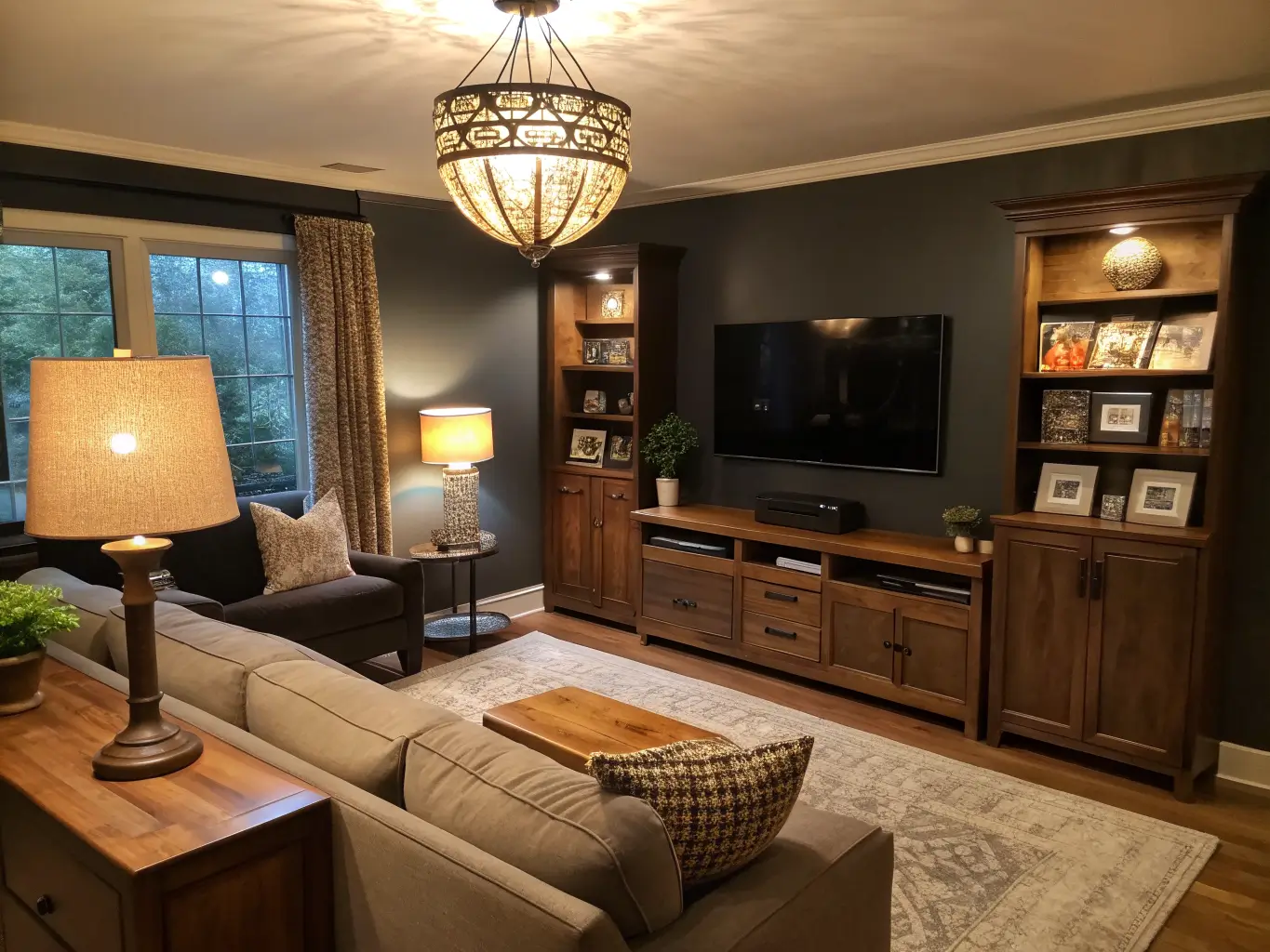 Photorealistic wide shot of a cozy home office-TV lounge with dark charcoal TV wall, walnut media console, boucle loveseat by a floor lamp, and warm evening lighting over a taupe rug.