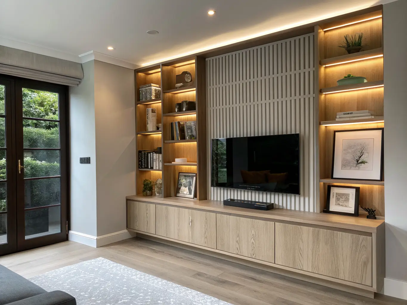 Built-in slatted oak shelving with warm LED lighting separates a home office from a TV lounge, displaying books, taupe and ivory ceramic vases, and a framed abstract art piece in soft late-afternoon light.