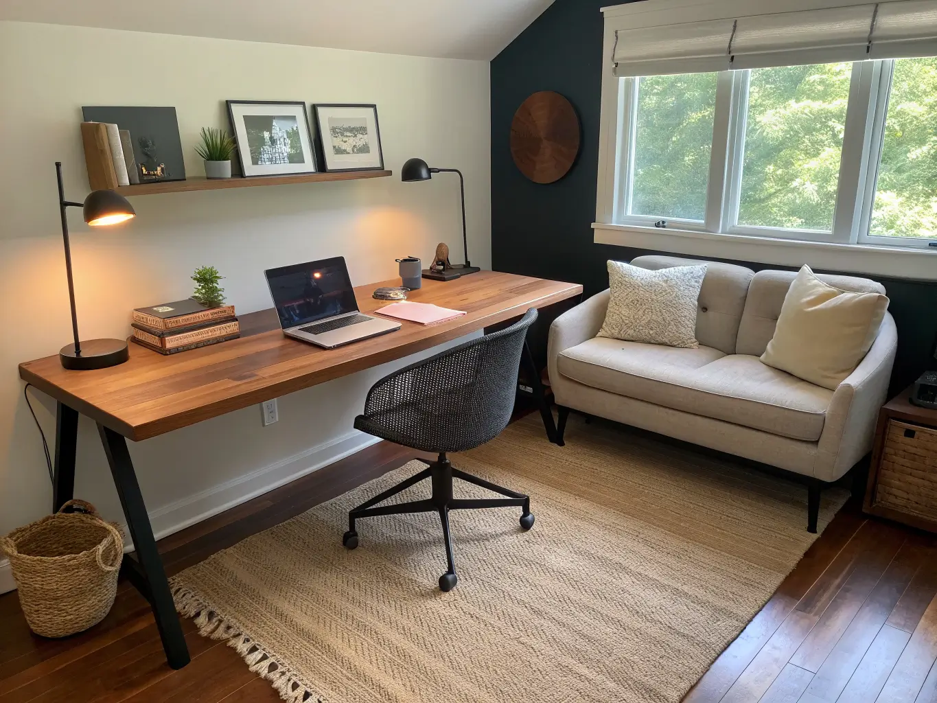Photorealistic diagonal view of a dual-purpose room with a walnut desk behind a small ivory boucle sofa, mesh chair with laptop, jute rug transition, and a wall-mounted TV on a navy accent wall in soft morning light.