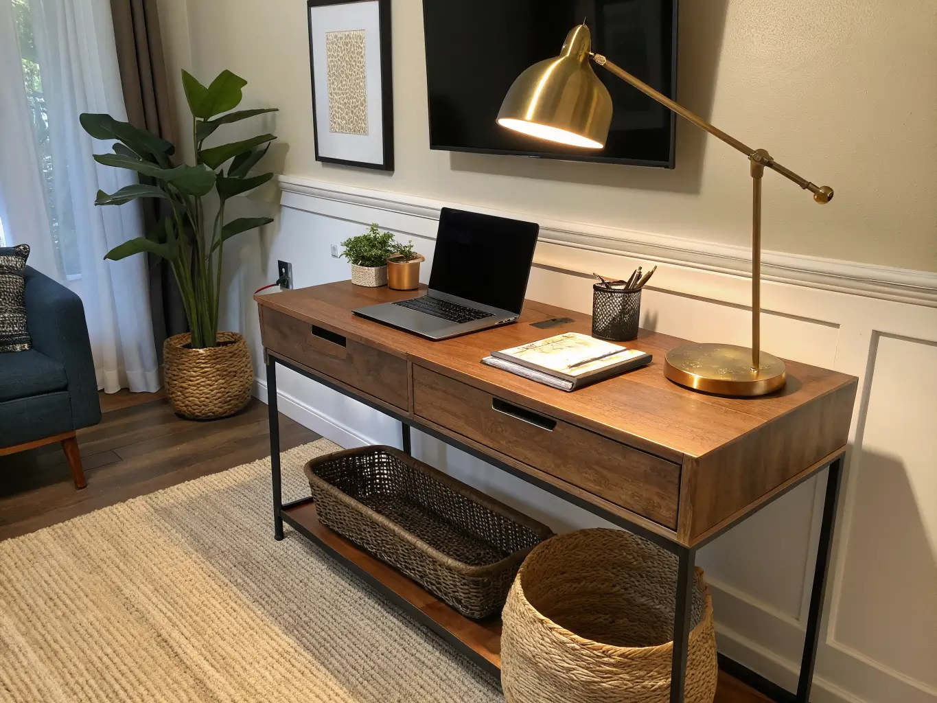 Close-up of a walnut desk corner lit by a warm brass lamp, with a closed laptop, pen tray, folded taupe linen mat, trailing plant, and a dark TV blurred in the background.