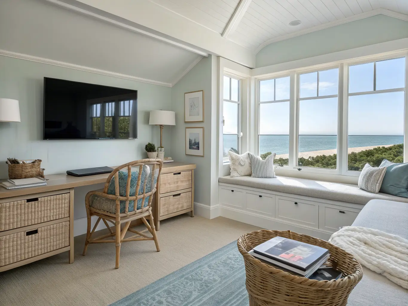 Wide, low-angle view of a coastal home office and TV lounge with a light oak desk by a bright window and a pale blue boucle loveseat on a jute rug facing a wall-mounted TV on a charcoal accent wall.
