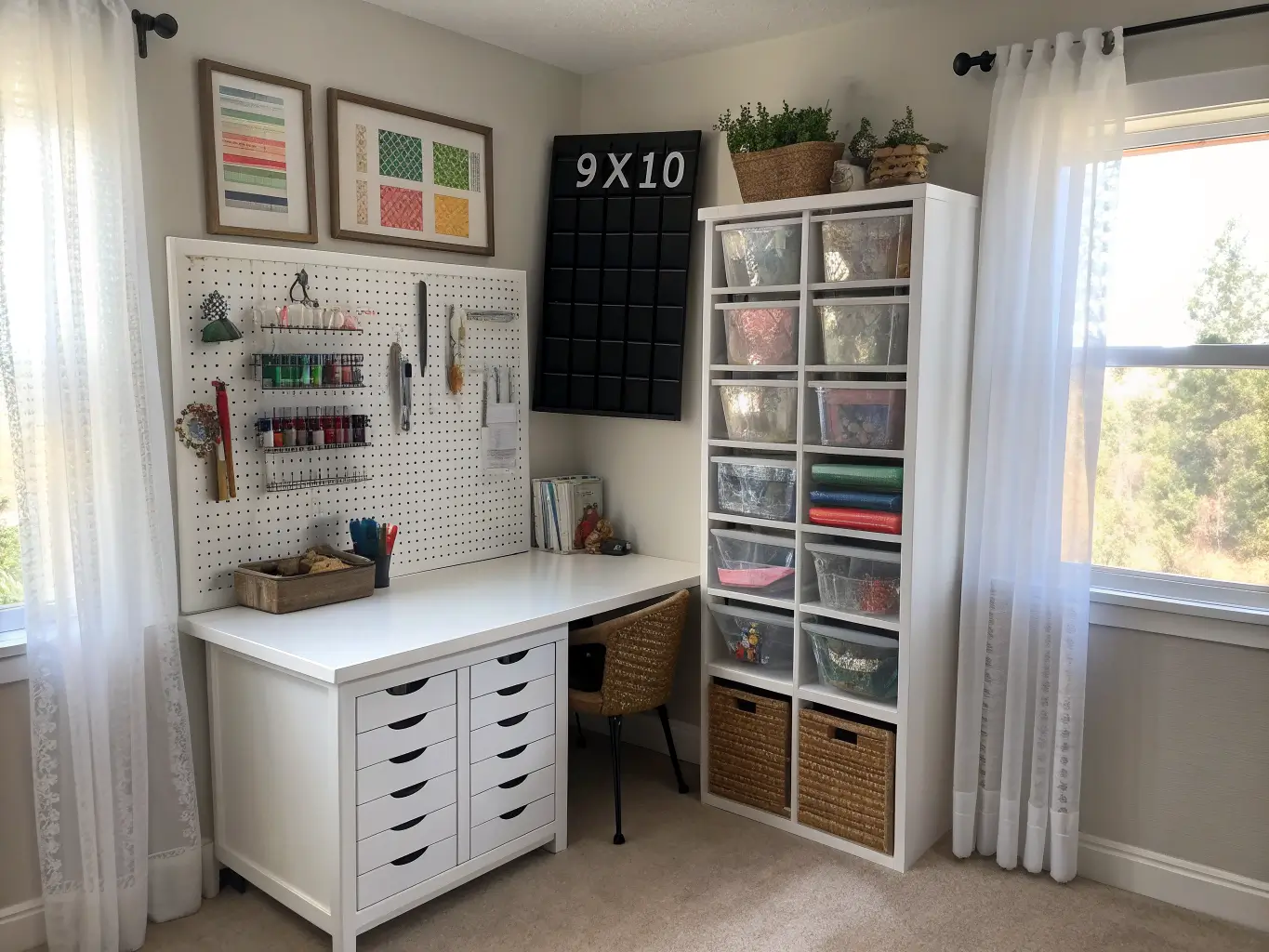 Sunlit 9x10 craft room with L-shaped butcher block desk, white shelves of labeled acrylic bins and rainbow paper, black pegboard tools, and rattan baskets.
