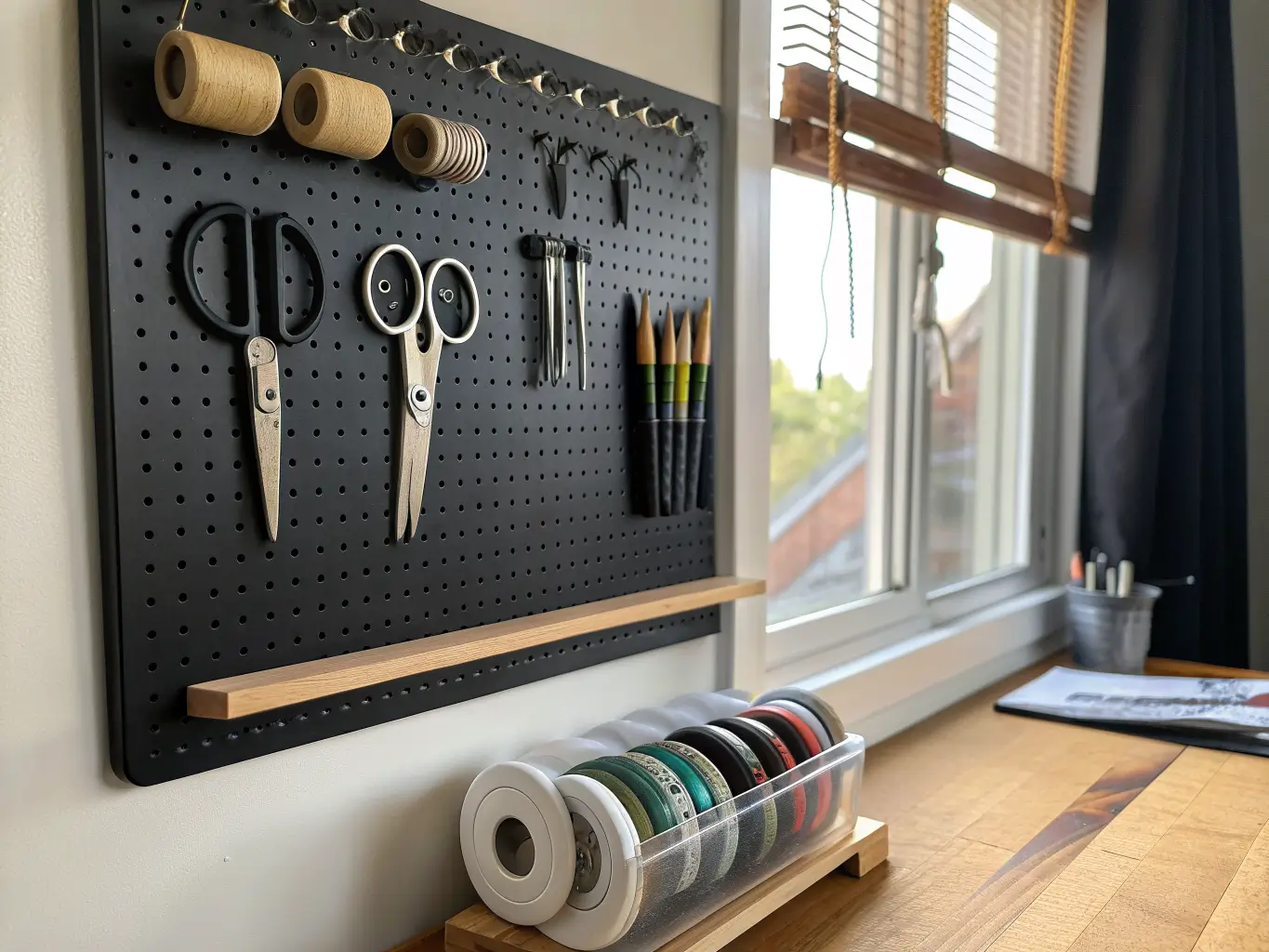 Close-up of a black pegboard above a butcher block desk with neatly arranged scissors, rotary cutter, brushes, rulers, and hanging ribbon spools in soft afternoon side light.