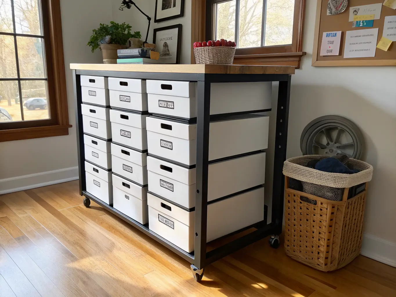 Low-angle wide shot of a matte white 12-drawer rolling craft cart with black frame and labeled frosted drawers beside a butcher block desk in a sunlit craft room with wood floors and a yarn basket on nearby shelves.