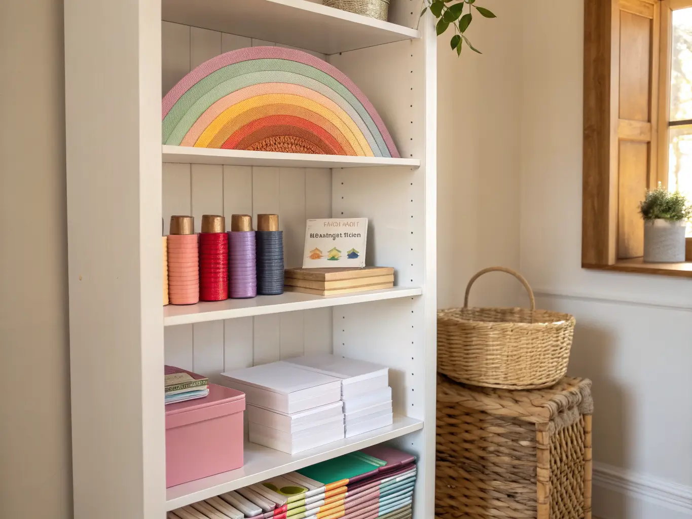 Tall white craft shelving with pastel supplies and rainbow-sorted thread spools in warm afternoon light.