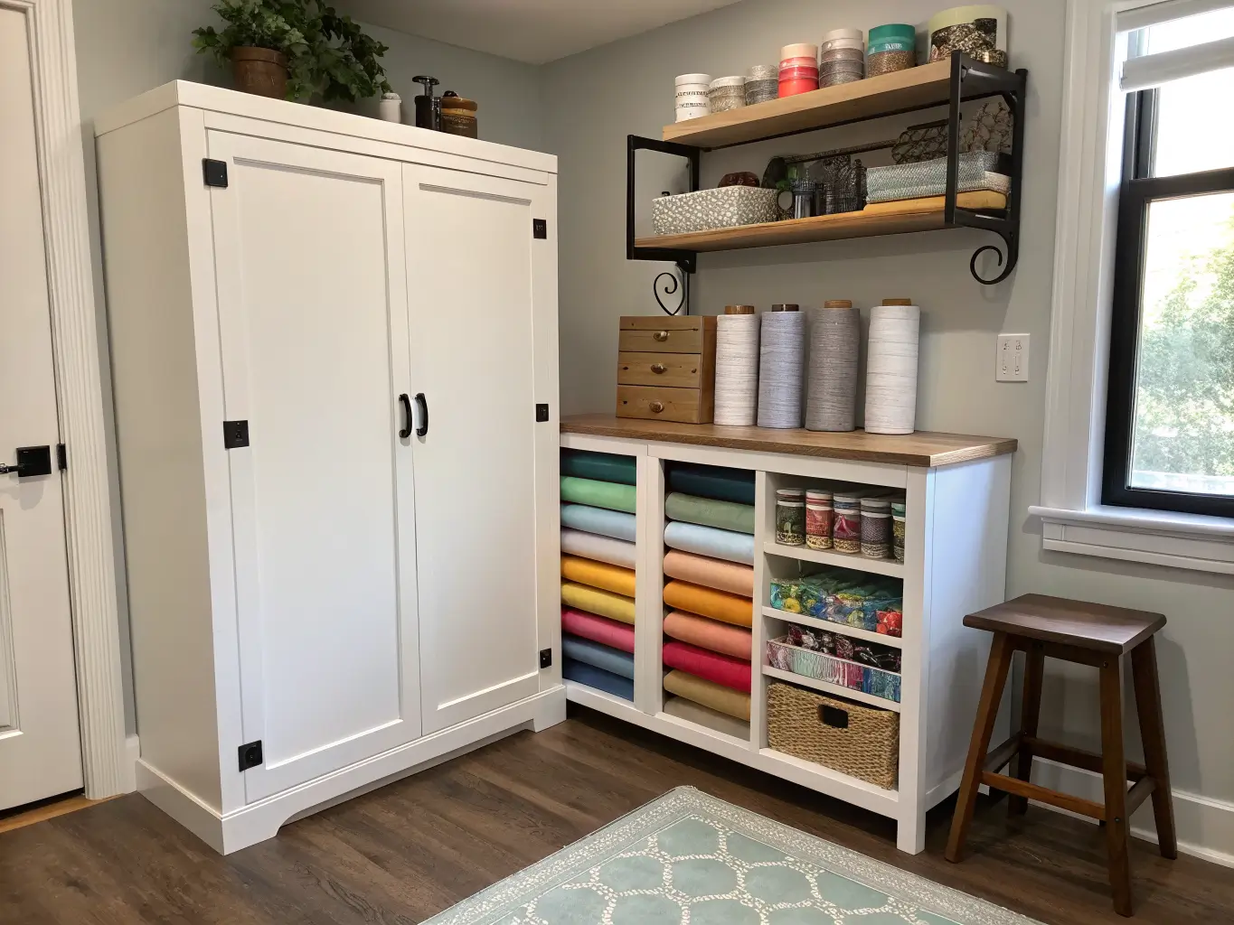 Cozy craft room corner with an ajar white cabinet hiding vinyl rolls beside an open shelf of neatly color-sorted supplies in acrylic bins, lit by soft window daylight.