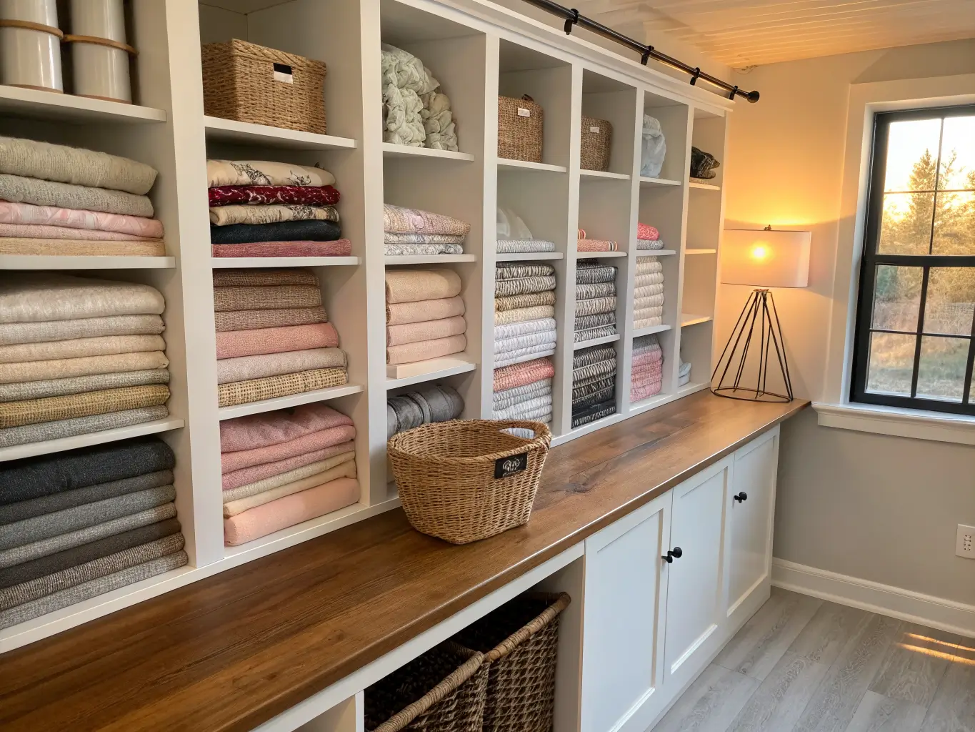Craft room fabric storage nook with white wall cubbies holding color-sorted folded fabric bolts, a woven scrap basket below, and warm afternoon light casting soft shadows.