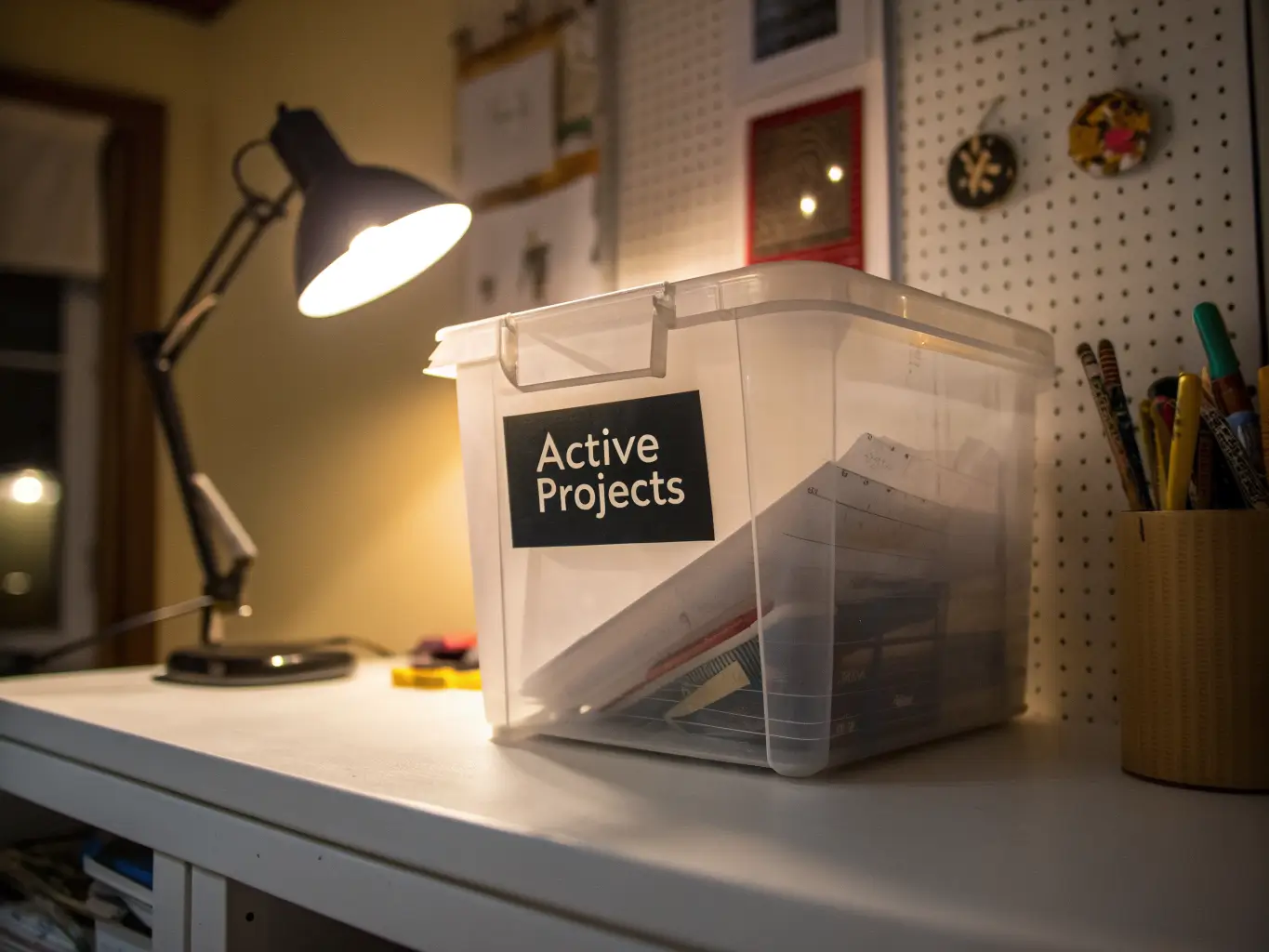 Clear acrylic bin labeled “active projects” on a white shelf under a warm lamp, holding a partially finished paper craft with blurred craft room tools in the background.