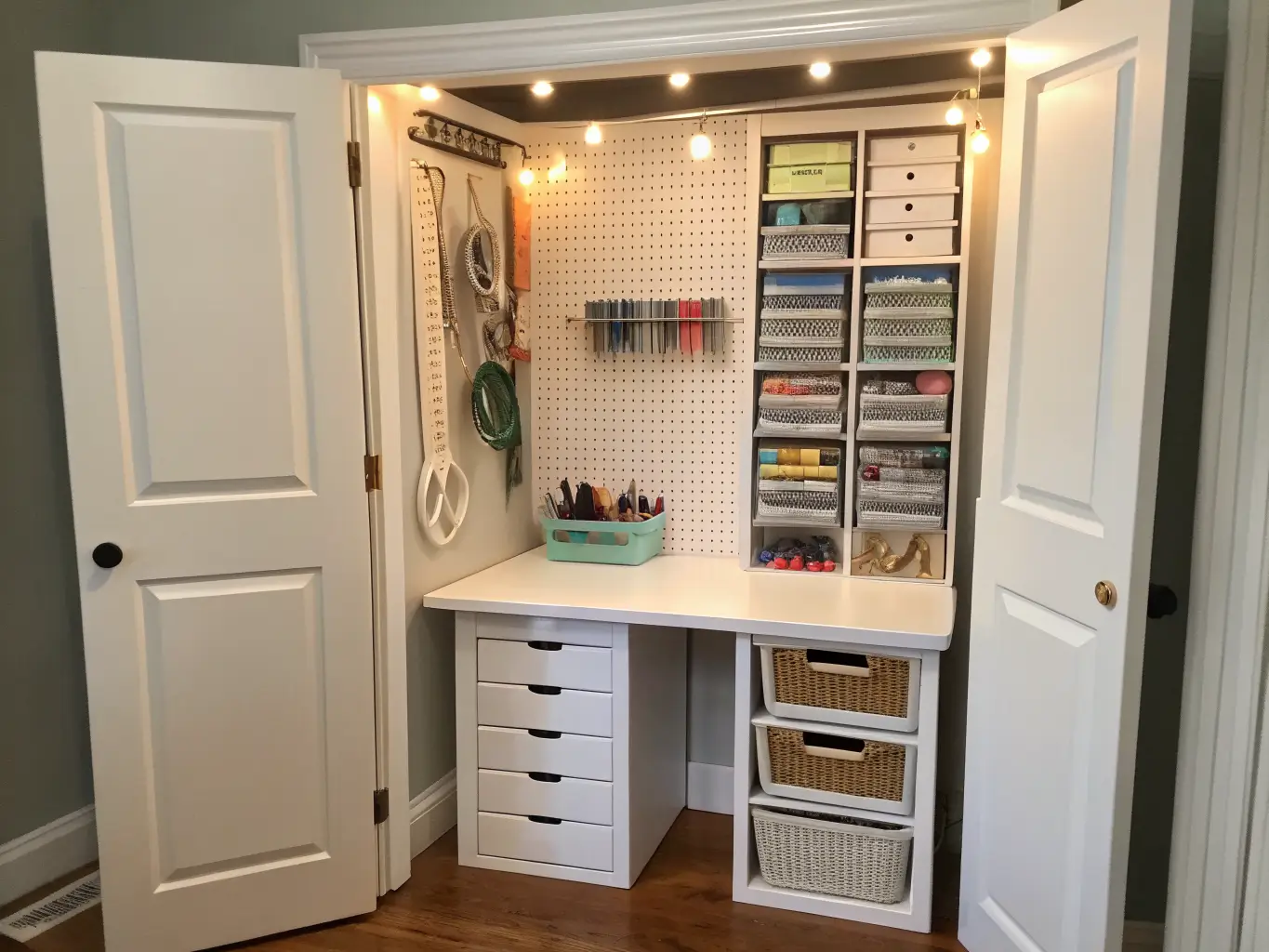 Open closet converted into a compact craft station with pegboard tools, narrow shelves of clear drawers and baskets, and LED-lit paint storage.