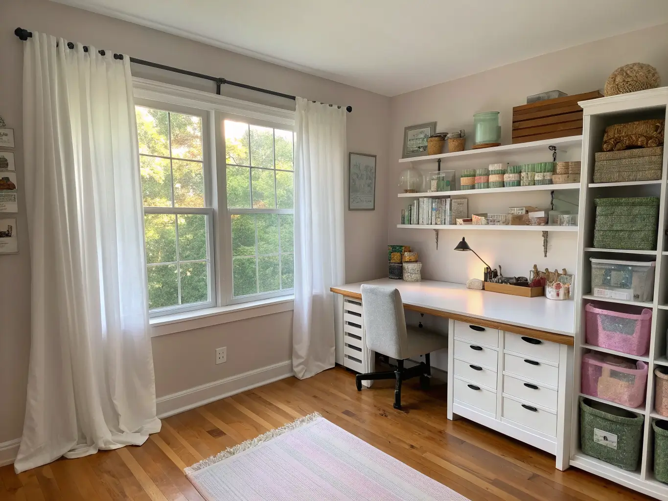 Photorealistic craft room office with white desk and butcher-block table on white-oak floors, warm wood floating shelves with jars and bins, pothos plant, gray rug, and morning light through sheer curtains.