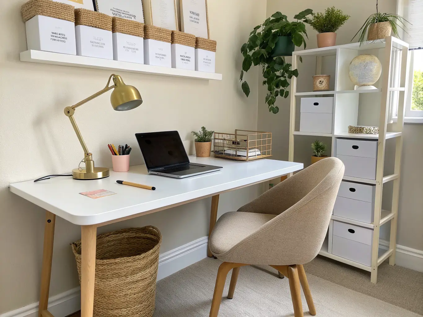 Photorealistic craft room office desk with laptop, gold gooseneck lamp, terracotta pen cup, white-oak shelf with labeled bins and fiddle-leaf fig, and an oatmeal bouclé chair in warm afternoon light.