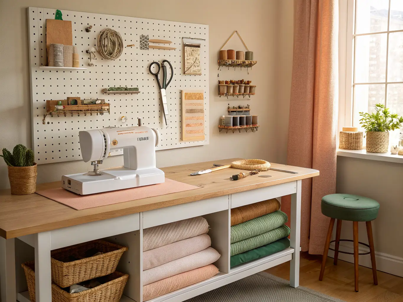 Craft table beneath a pegboard with scissors, ribbons, and tools, holding a sewing machine, cutting mat, and folded fabrics in warm afternoon light.