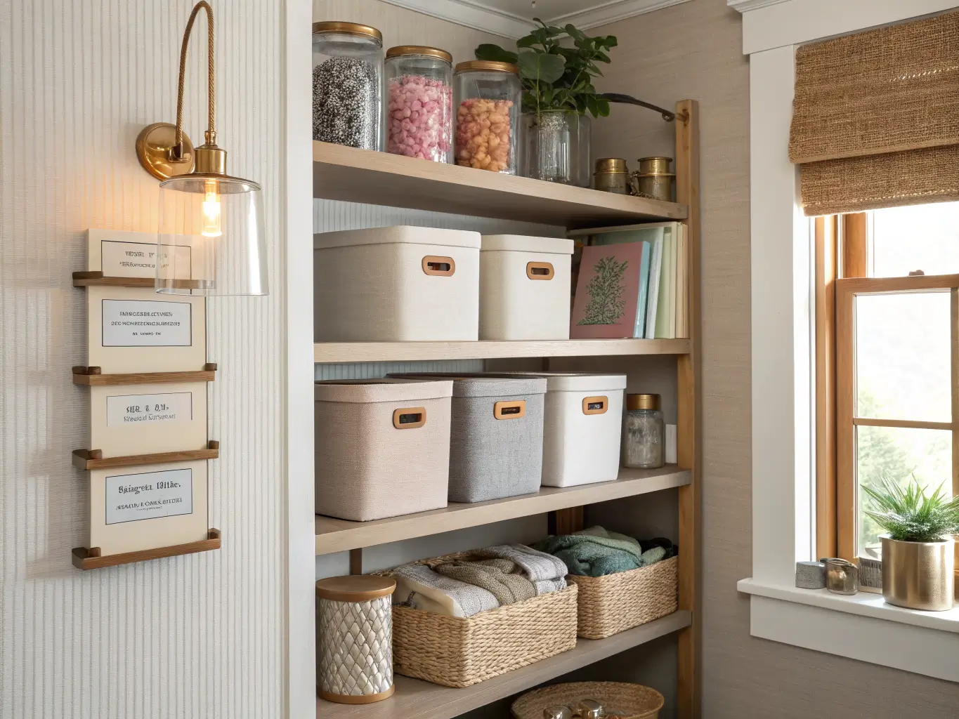 Straight-on photo of a craft room storage wall with three white-oak floating shelves holding labeled canvas bins, glass jars of beads and buttons, rolled blush-sage-gray fabrics, and a clipped brass lamp on a warm white wall with a jute hanging.