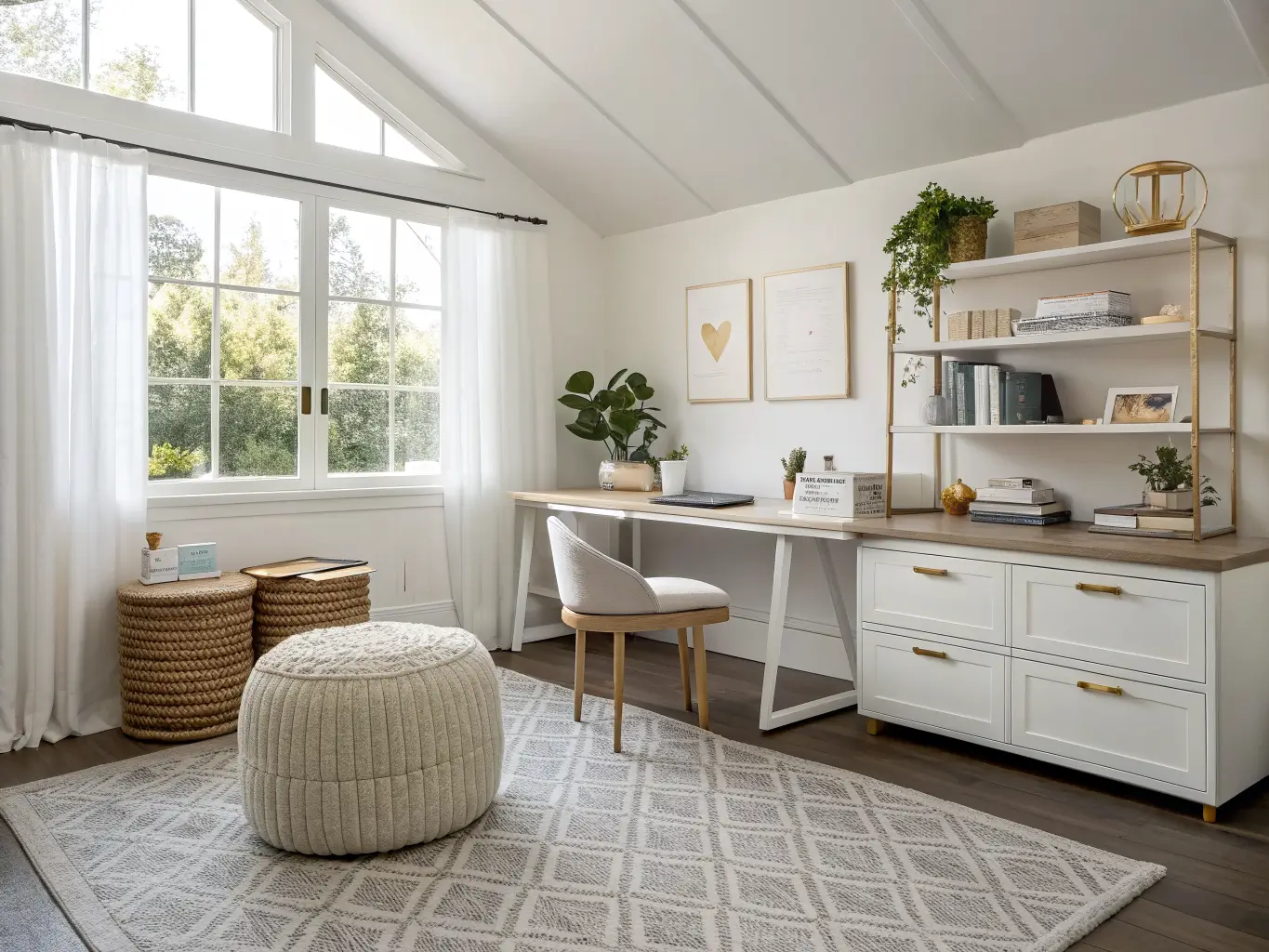 Photorealistic wide shot of an L-shaped craft room office with desk and craft table under a bright window, woven storage ottoman between, gray geometric rug, and trailing pothos in warm white walls with brass accents.