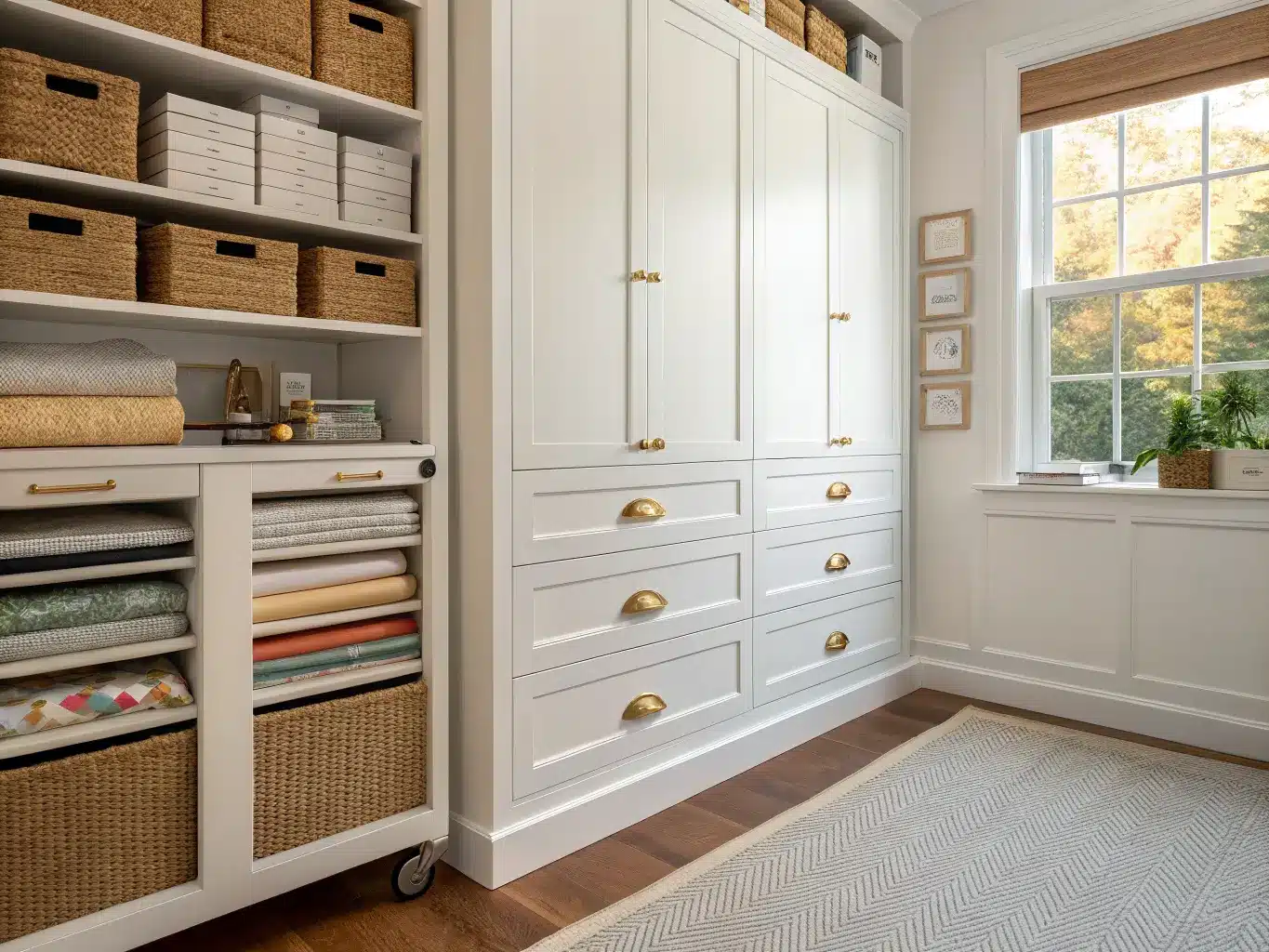 Close-up of warm white shaker cabinets with brass knobs, partly open to reveal paper and fabric; matte white rolling cart beside on white-oak floor with jute mat in soft afternoon light.