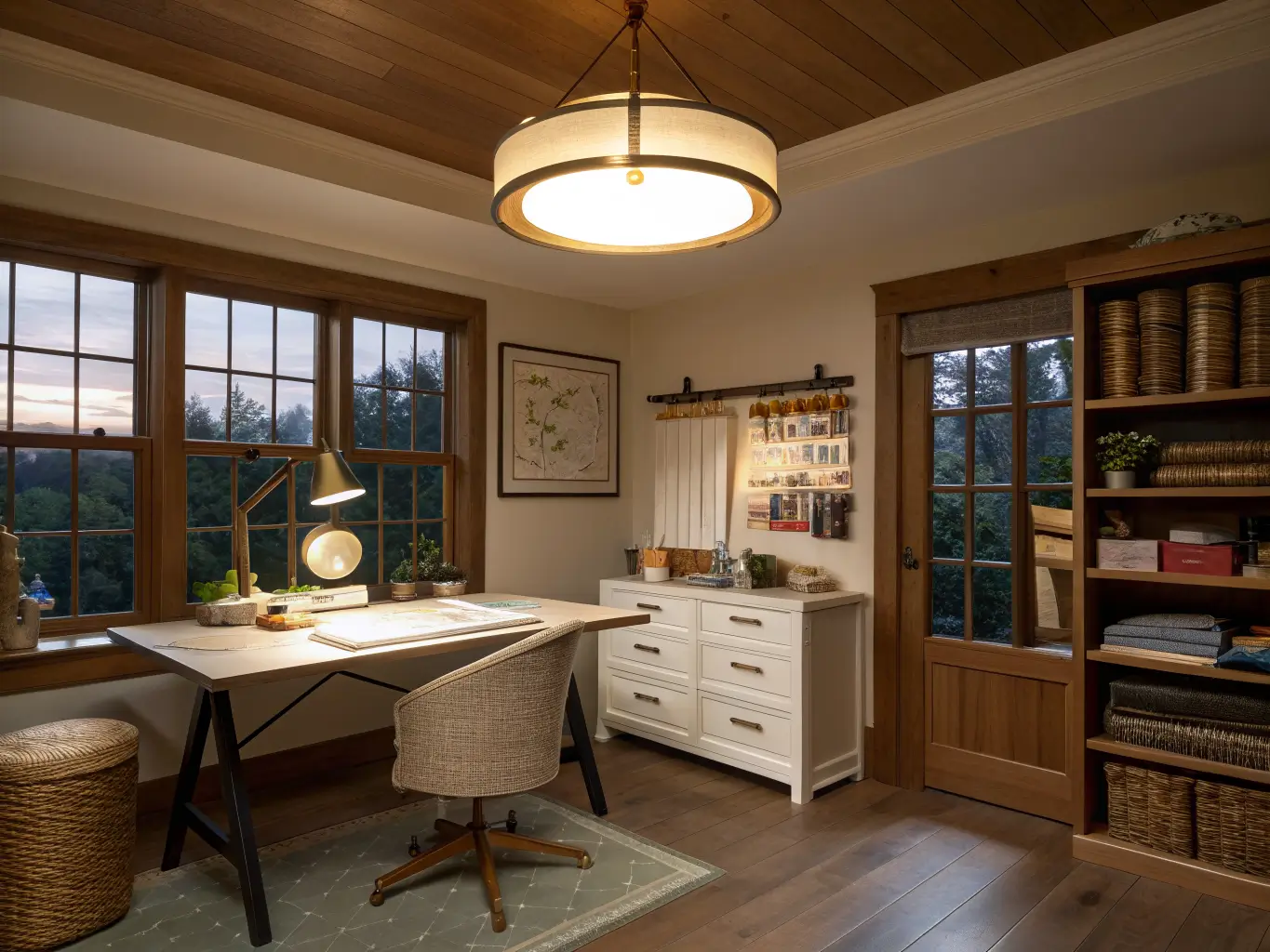 Wide dusk view of a cozy craft room office with layered warm lights over a desk and craft table with cutting mat, fabric swatches, and a yarn basket.
