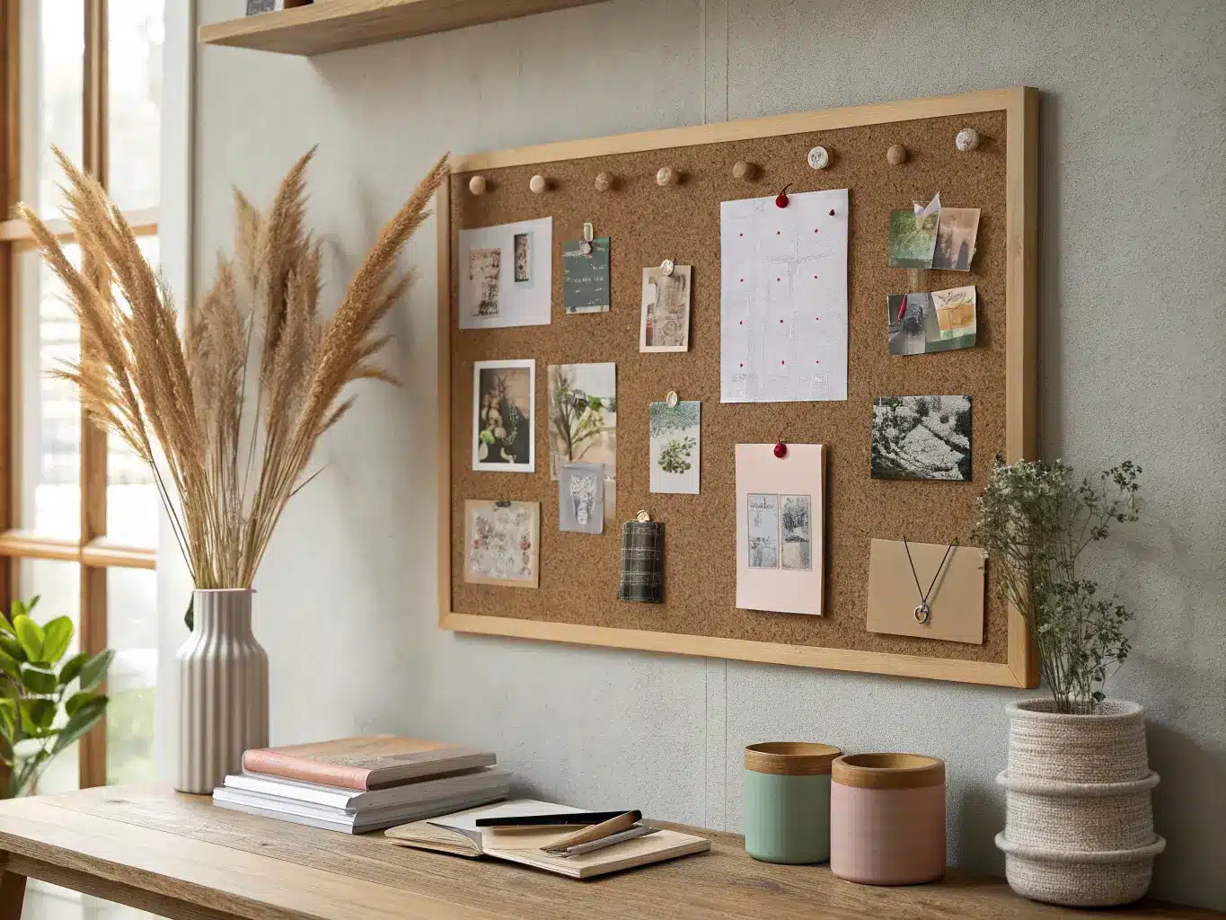Mood board wall with oak-framed cork-and-linen board, blush sage and terracotta swatches, photos, washi tape, and a shelf with pampas vase and sketchbooks in soft midday light.