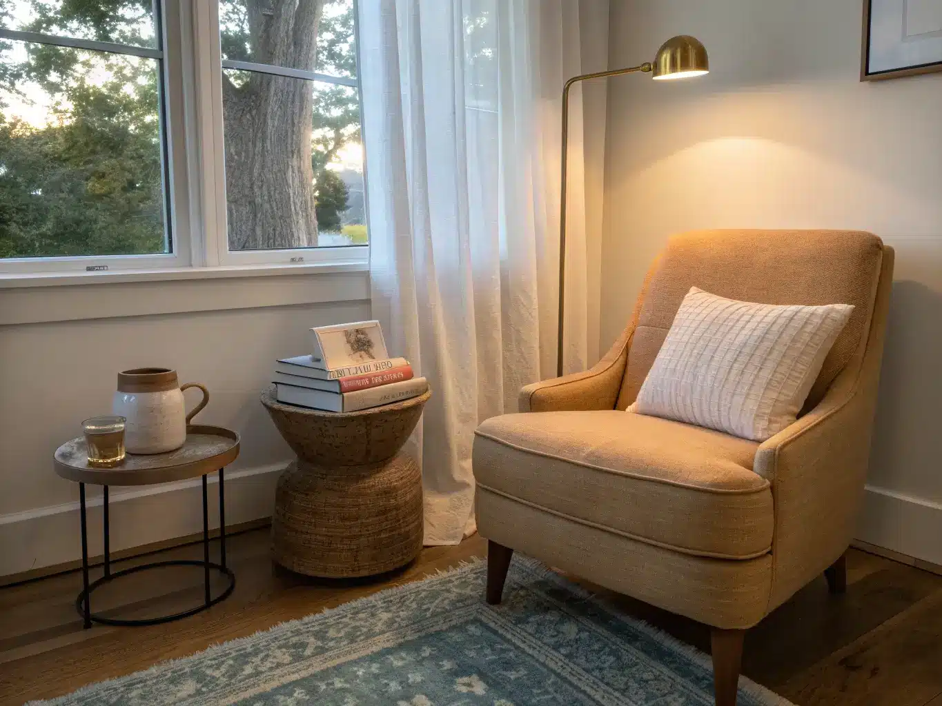 Cozy bedroom reading nook with a camel bouclé chair by a window, stone side table with books and mug, warm floor lamp glow, and a blue knit throw on oak flooring.